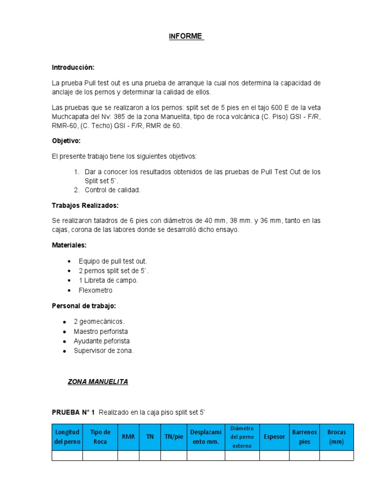 Resultados de Prueba Pull Test en Pernos | PDF