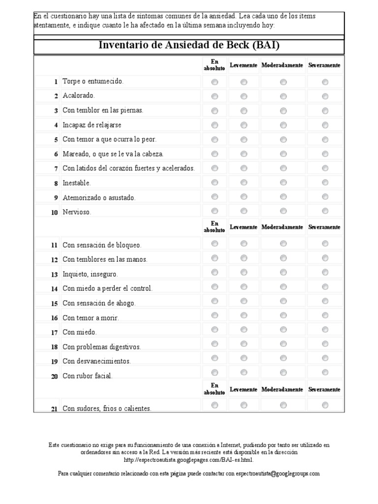 Inventario de Ansiedad de Beck (BAI) | PDF