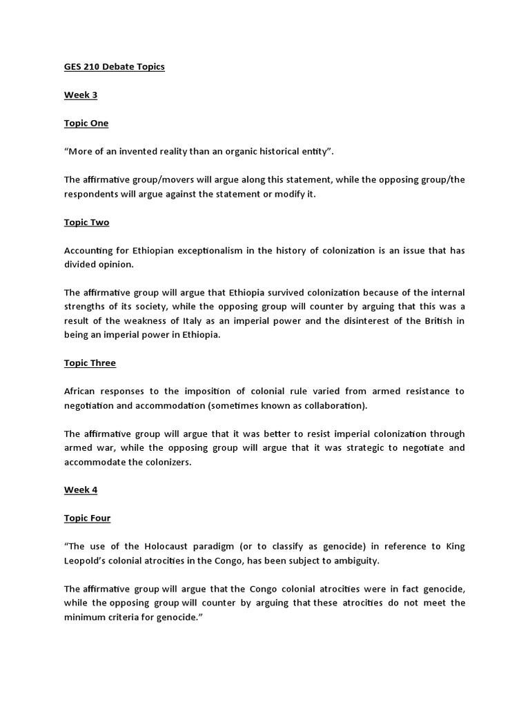 GES 210 Debate Topics PDF Julius Nyerere Postcolonialism