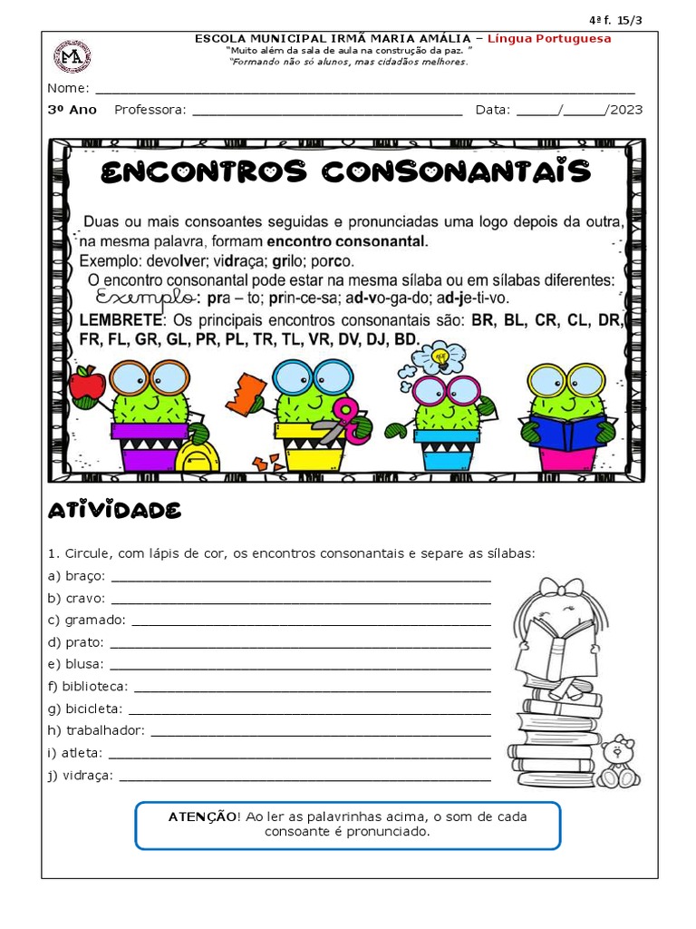 Atividades sobre Encontros Consonantais | PDF | Famílias linguísticas ...