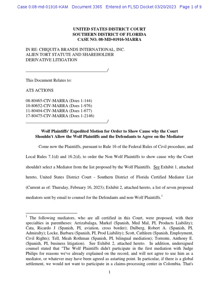 Chiquita Plaintiffs Motion For Miscellaneous Relief PDF Mediation