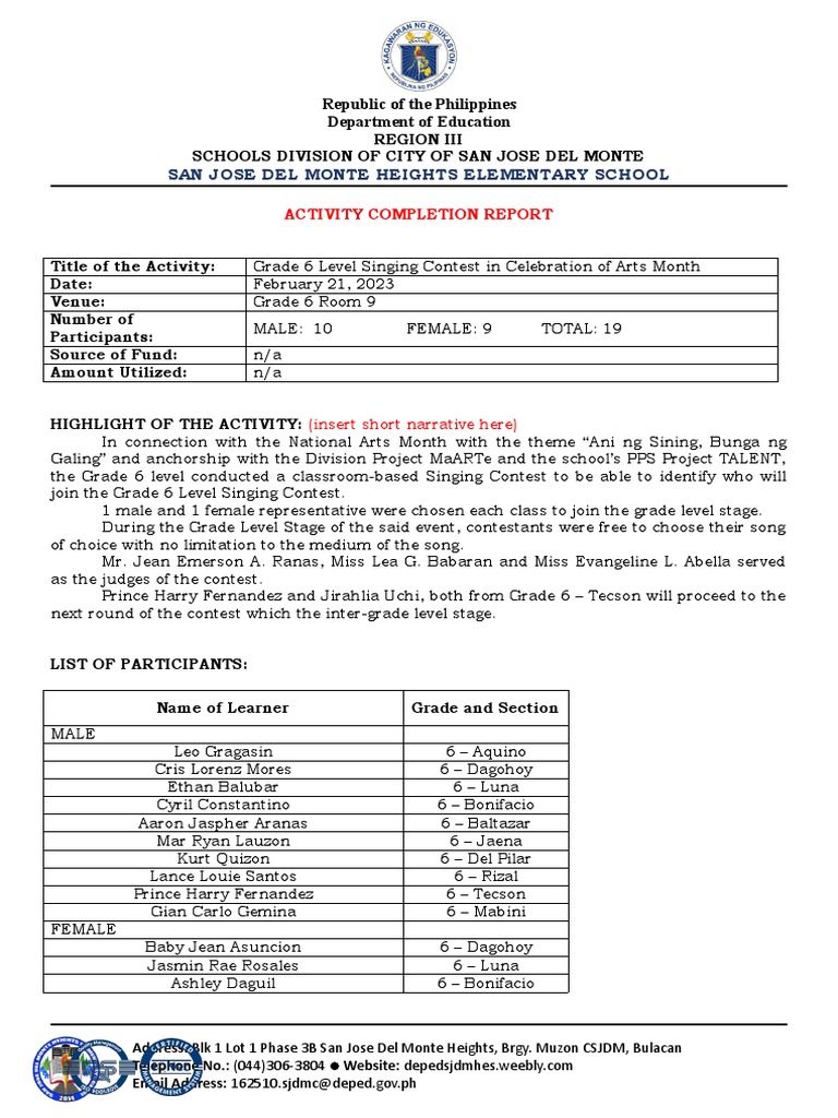 ACR GRADE LEVEL BASED SINGING CONTEST 2023 - ArtsMonthCeleb | PDF ...