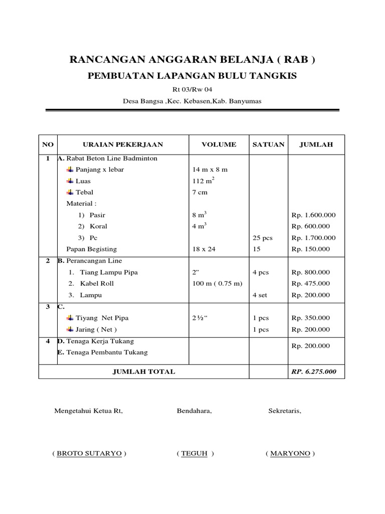 Rancangan Anggaran Belanja (Rab) : Pembuatan Lapangan Bulu Tangkis | PDF