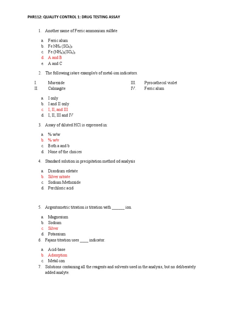 QC1 Drug Testing Assay Titration & Analysis PDF Titration Chemistry