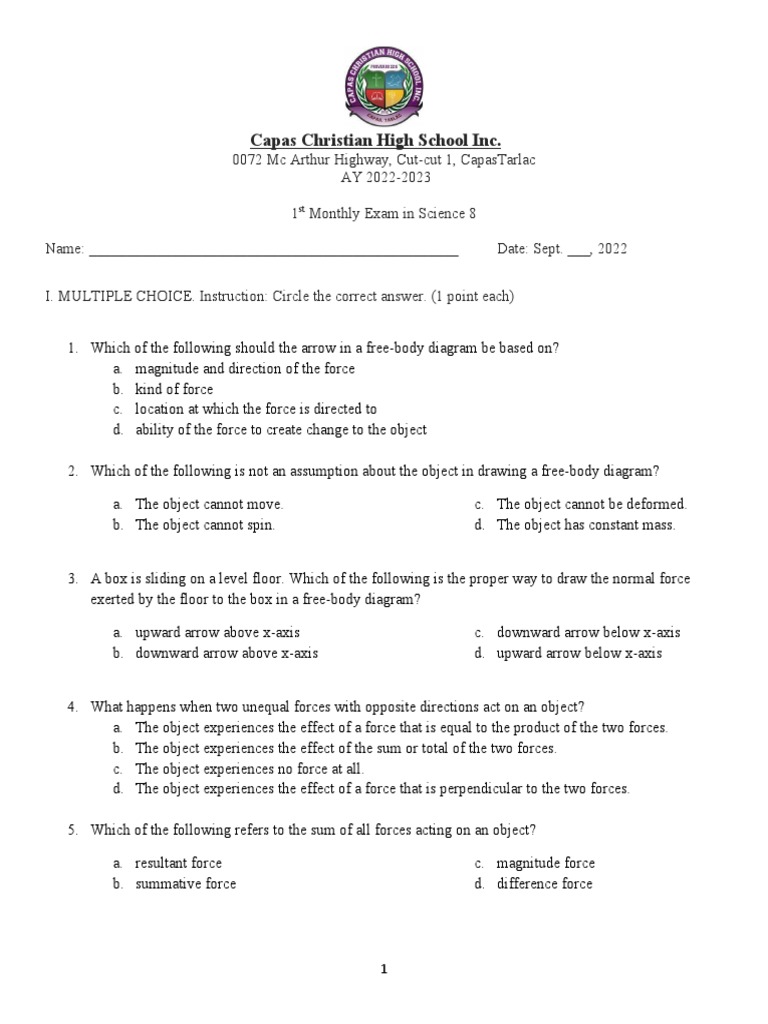 Science 8 Monthly Exam - September 2022 | PDF | Force | Atoms