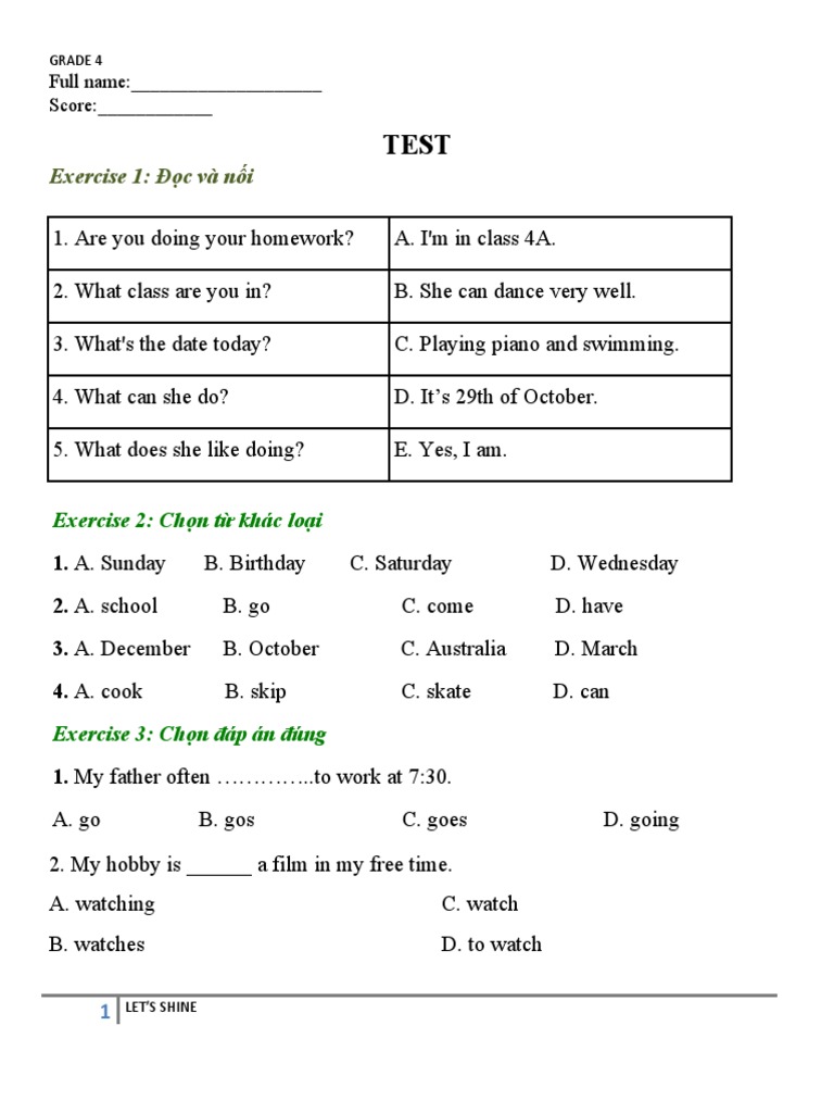 Monthly Test Grade 4 | Descargar gratis PDF | Vietnam