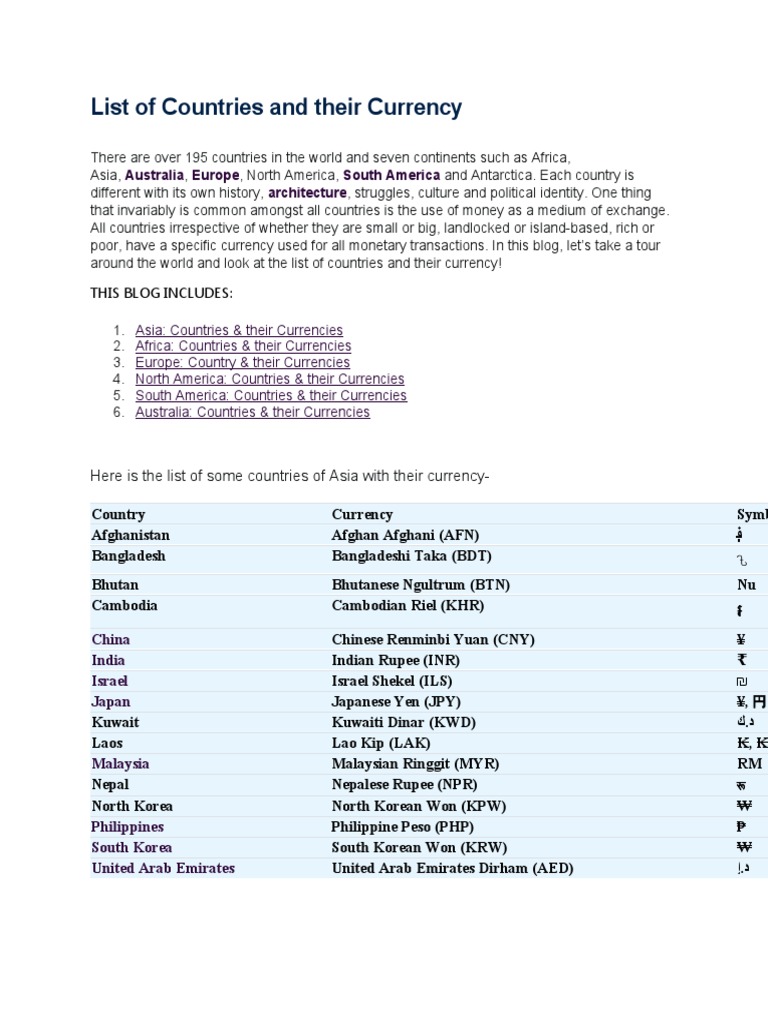 List of Countries and Their Currency | PDF | Renminbi | Australian Dollar