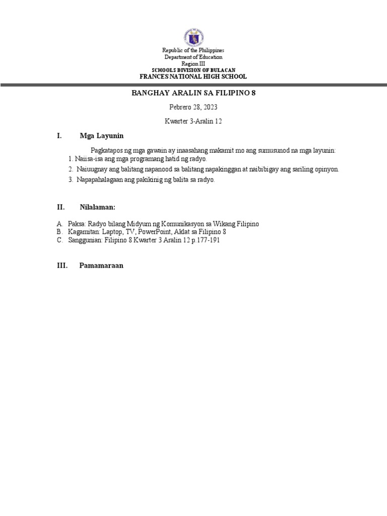 BANGHAY ARALIN SA FILIPINO 8 RADYO - 2revised | PDF