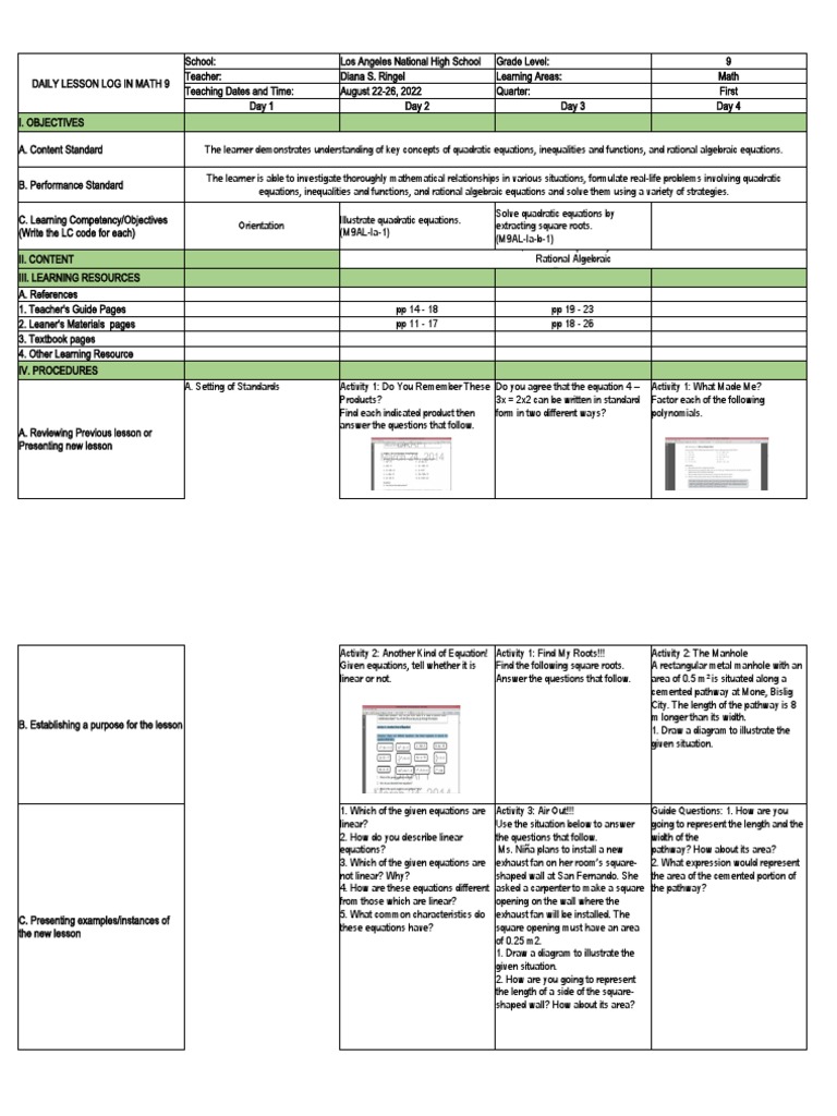 Math 9 Lesson Plan Overview | PDF | Quadratic Equation | Equations
