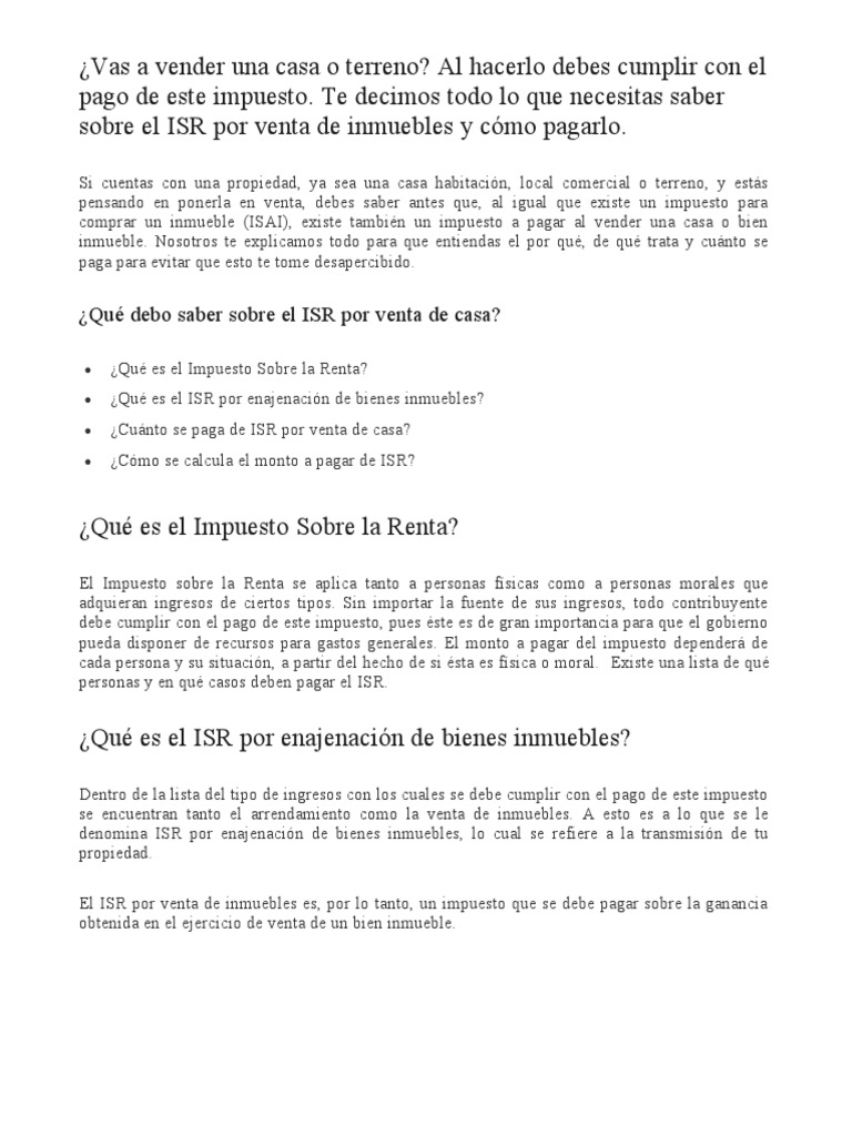 ISR en Venta de Inmuebles: Guía Completa | PDF | Impuesto sobre la ...