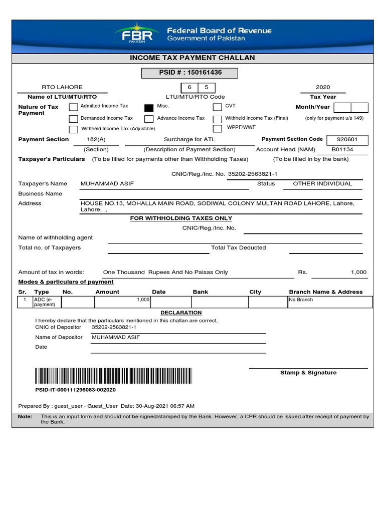 Payment of 1,000 Rupees Tax by Muhammad Asif for Tax Year 2020