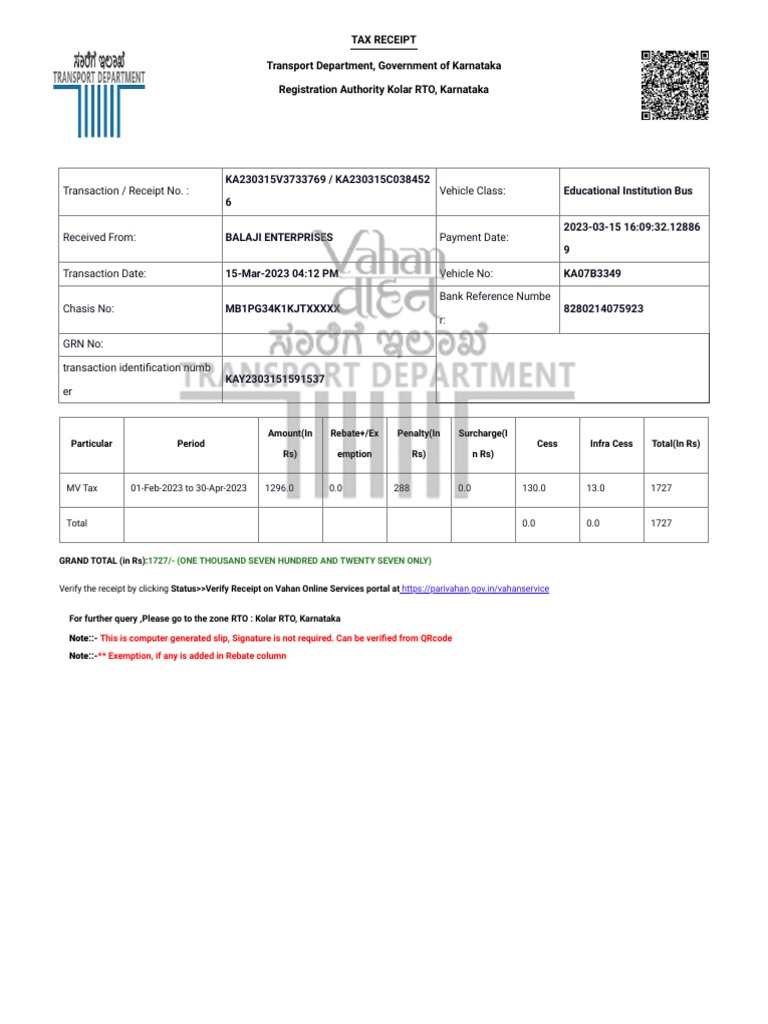 Receipt for Vehicle Registration and Tax Payment for an Educational