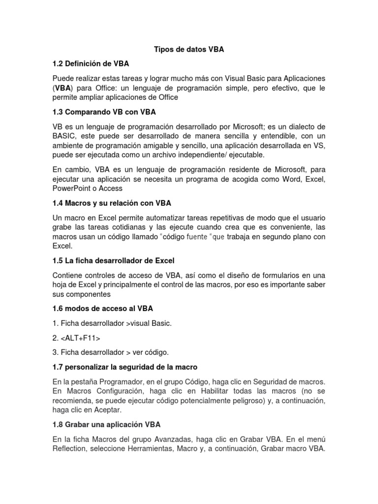 Tipos de Datos VBA | PDF | Visual Basic para Aplicaciones | Microsoft Excel