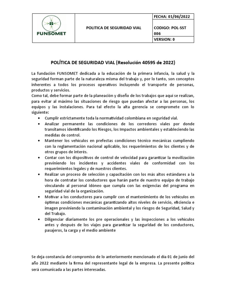 Política de Seguridad Vial 2022 | PDF | Seguridad vial | Planificación