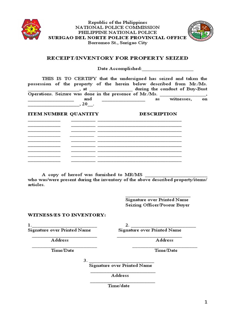 Property Seizure Receipt and Inventory | PDF