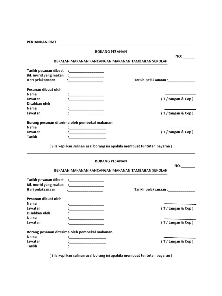 Borang Pesanan Harian RMT | PDF