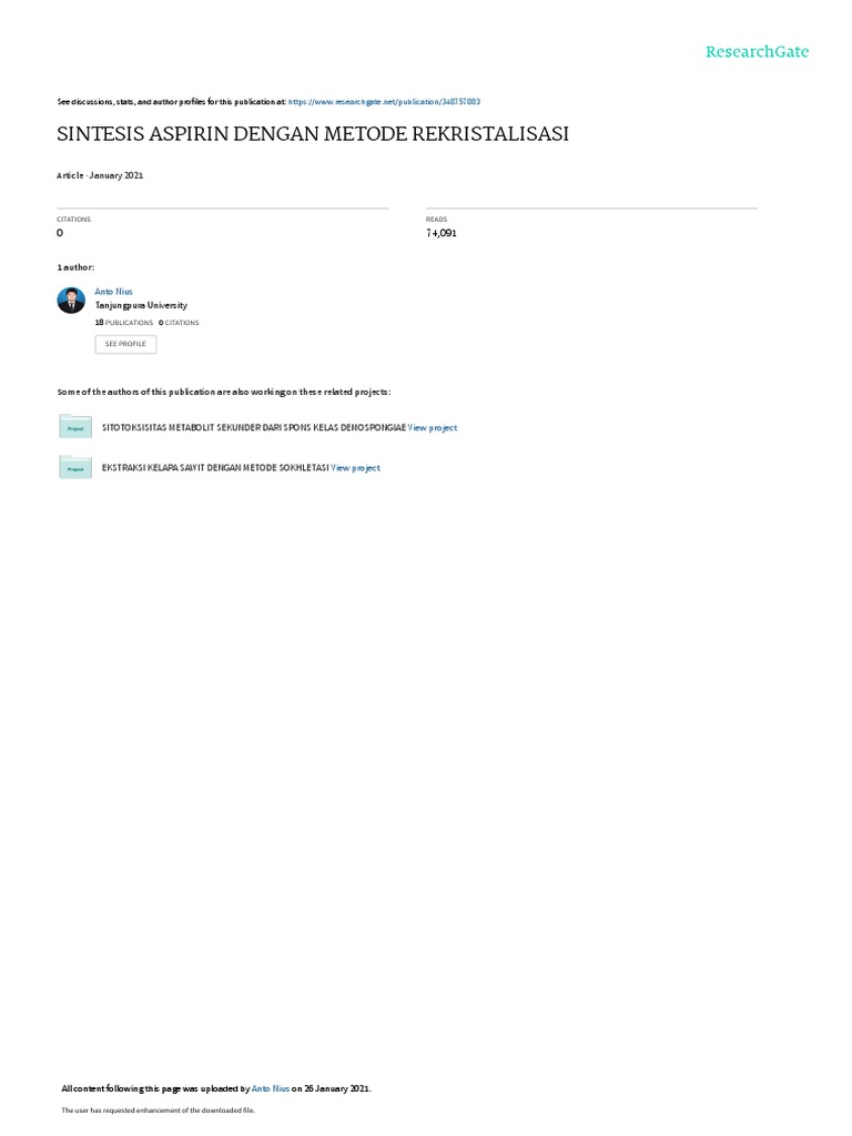 Sintesis Aspirin Dengan Metode Rekristalisasi January 2021 PDF
