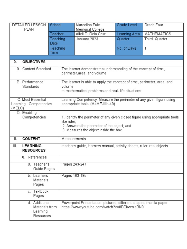 Grade 4 Detailed Lesson Plan: Perimeter | PDF | Learning | Teachers