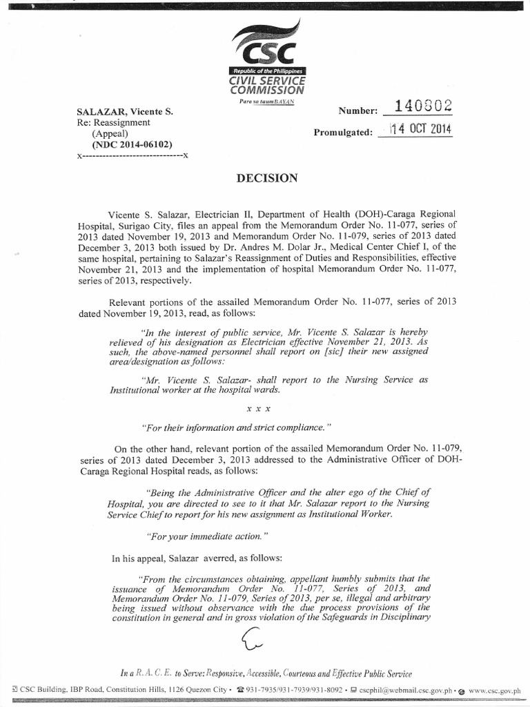 Reassignment Appeal of Vicente Salazar | PDF | Employment | Hospital