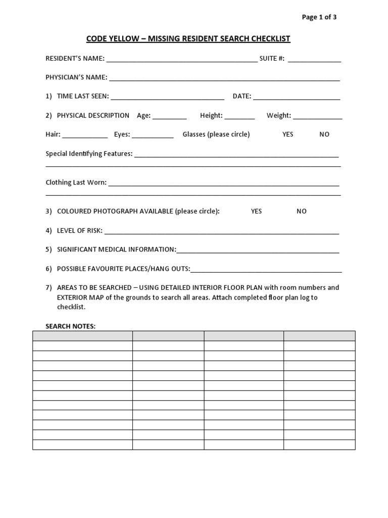 Missing Resident Search Checklist | PDF