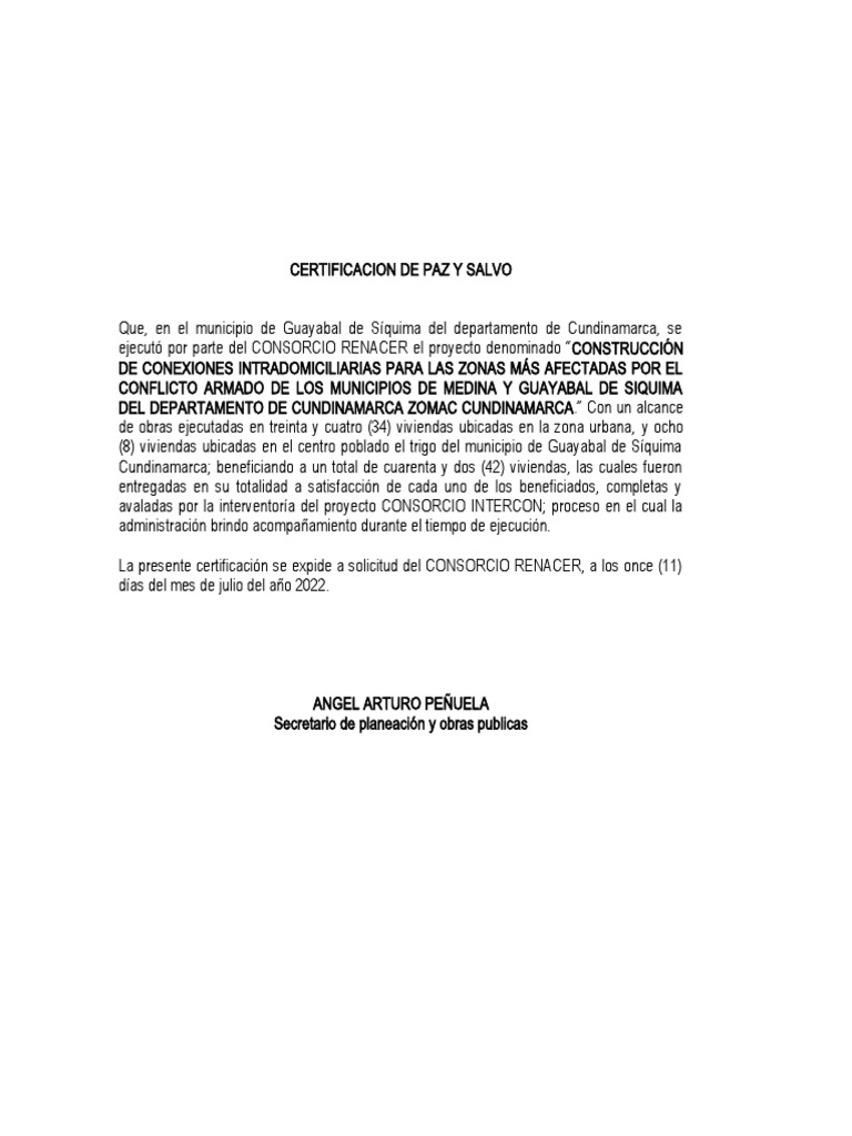 Certificacion de Paz y Salvo Siquima | PDF