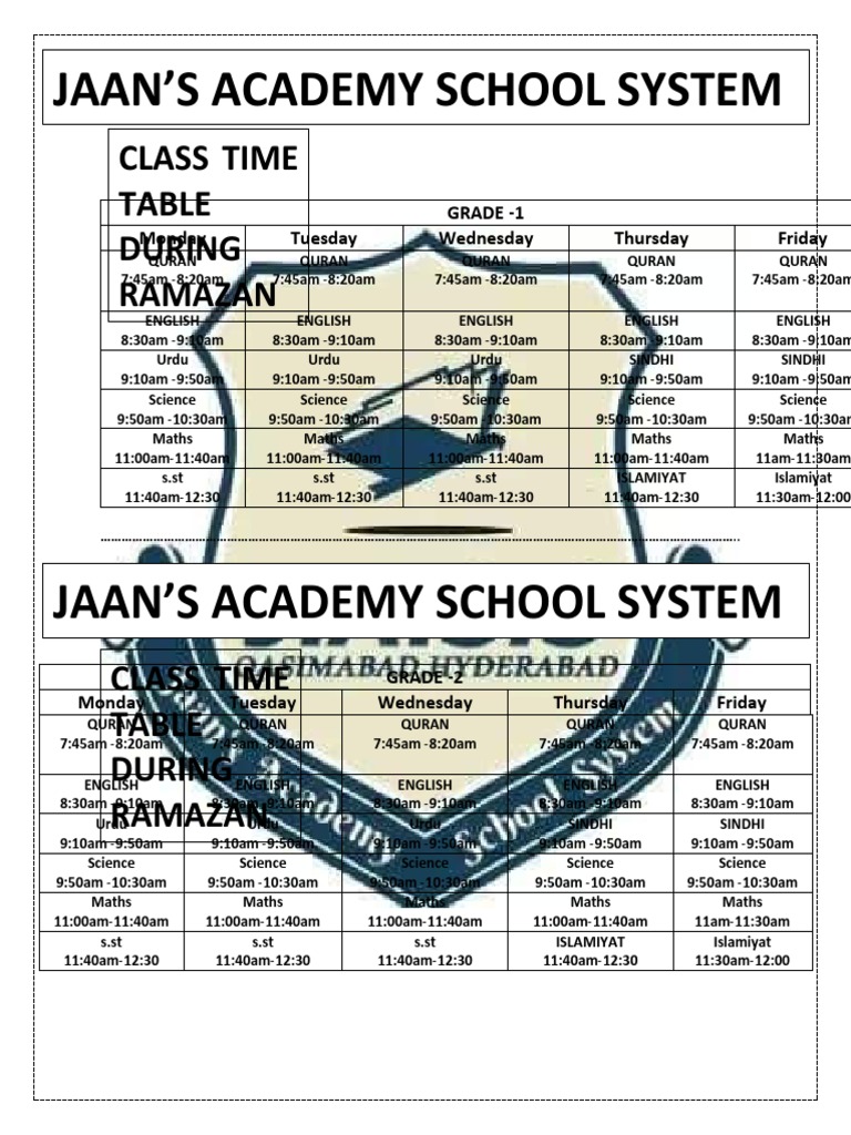 Grade 1-Grade 7 Ramazan Class Time Table | PDF