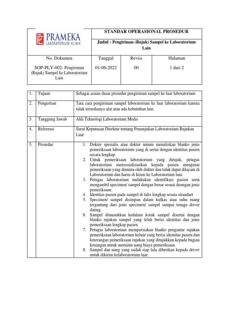 SOP-PLY-002 - Pengiriman (Rujuk) Sampel Ke Laboratorium Lain PDF | PDF
