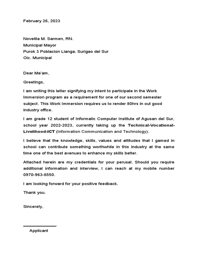 Work Immersion Application Letter | PDF
