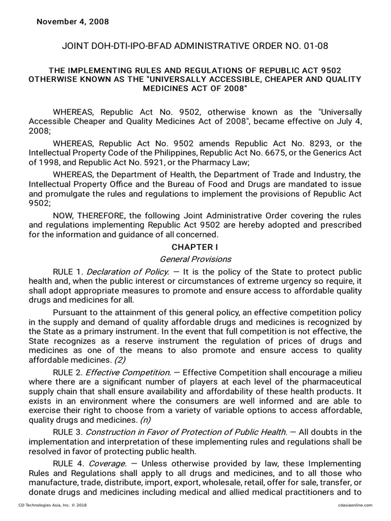 Implementing Rules for RA 9502 Medicines | PDF | Patent | Patent ...