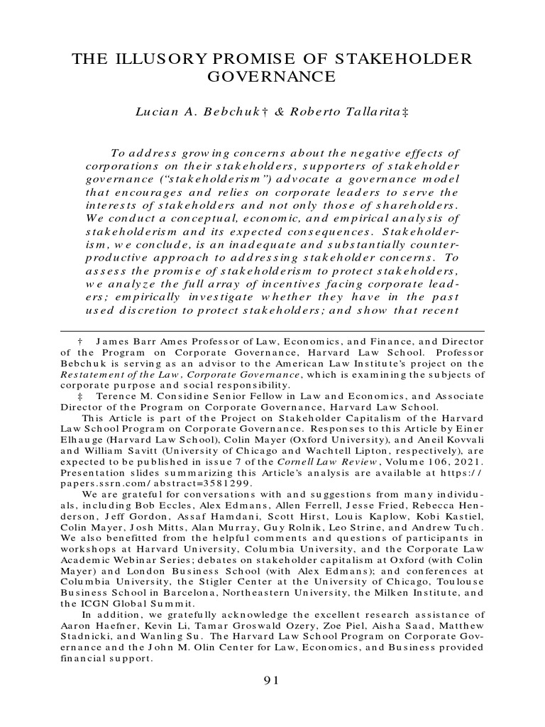 BebchukTalarita20 Illusory Promise of Stakeholder Governance PDF PDF