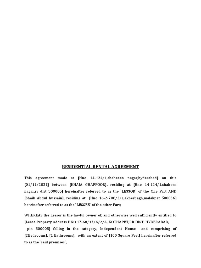 Residential Rental Agreement Format PDF
