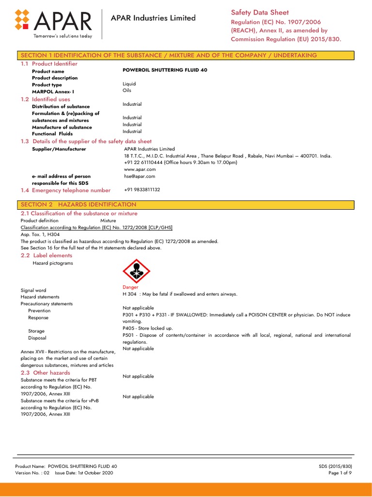 SDSPoweroilShutteringFluid40 (3) PDF Toxicity Personal