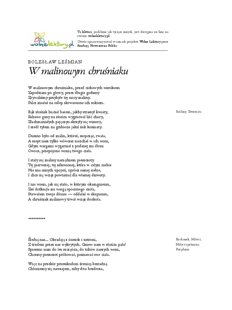 Interpretacja Wiersza Bolesława Leśmiana W Malinowym Chruśniaku W Malinowym Chrusniaku - 1 | PDF