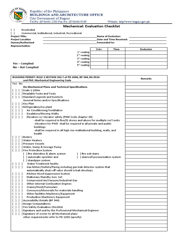 Mechanical Evaluation Checklist (For Building Permit) | PDF | Elevator ...