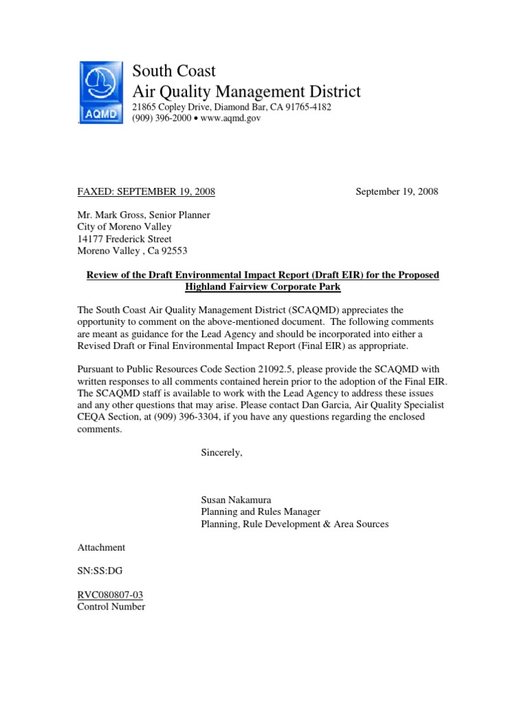 Review of The Draft EIR For The Proposed Highland Fairview Corporate