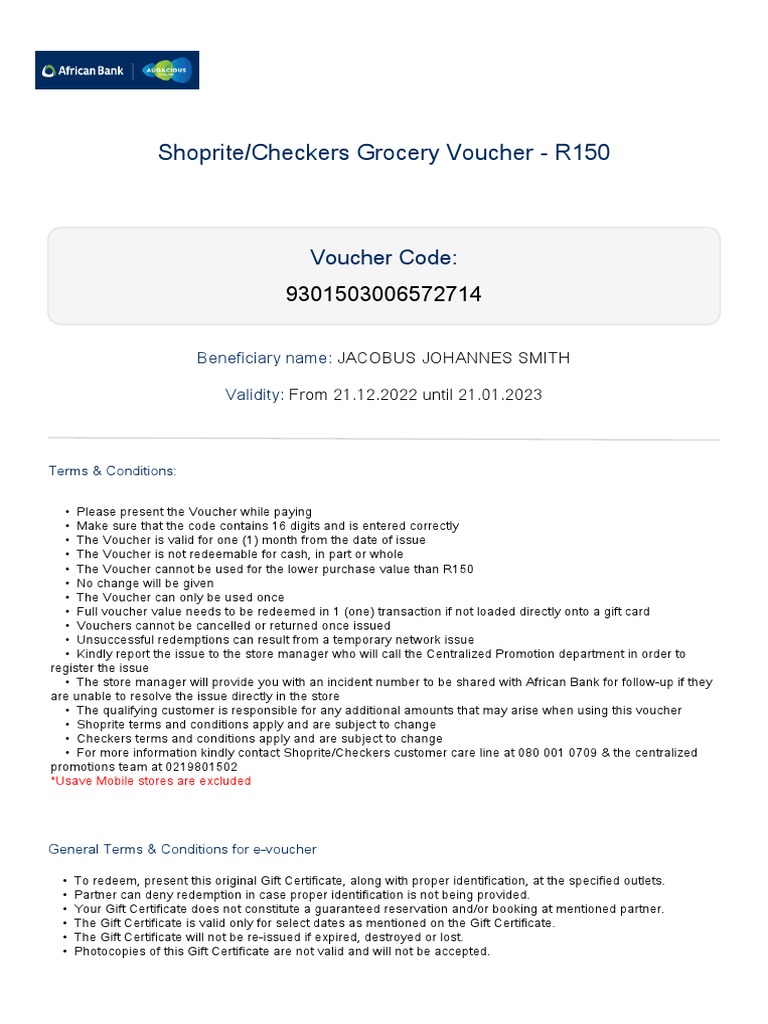Shoprite/Checkers Grocery Voucher - R150 | PDF | Gift Card | Voucher