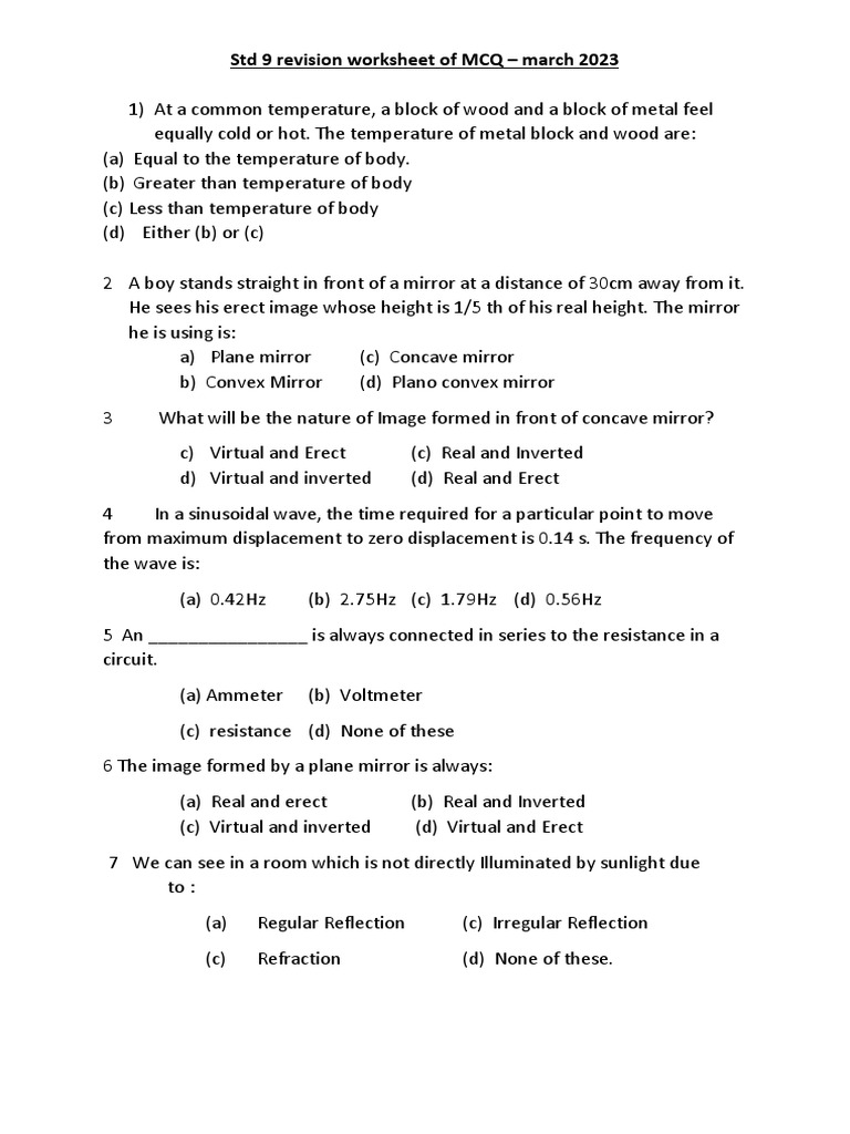 Std 9 MCQ Revision Worksheet March 2023 | PDF | Mirror | Electromagnetism