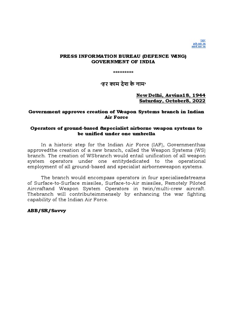 Creation of IAF Weapon Systems Branch | PDF