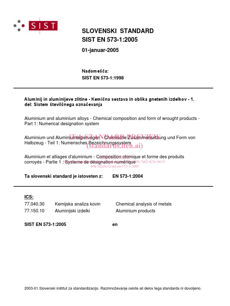 SIST EN 573-1 - 2005 - Aluminium and Aluminium Alloys-Chemical ...
