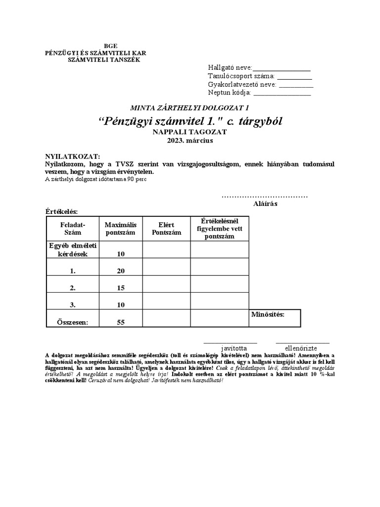 Minta ZH1 Penzugyi 1 2023 | PDF