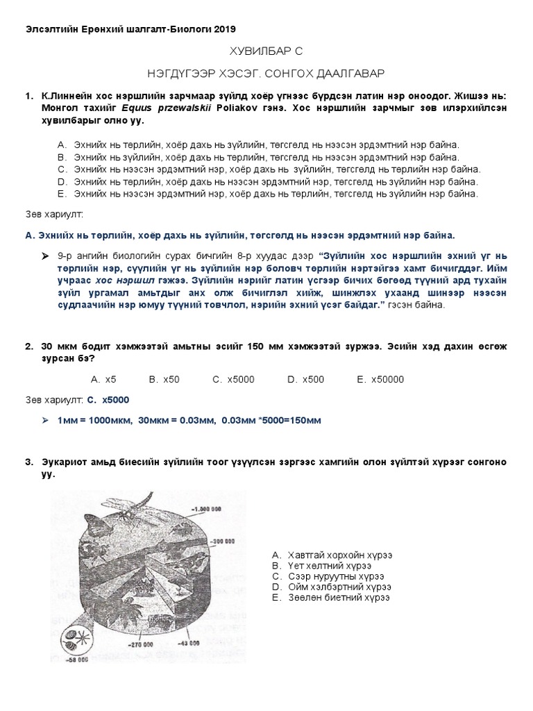 ЭЕШ Биологийн 2019 оны С хувилбар 12 1 ангийн сурагч Б.Сүндэряа | PDF