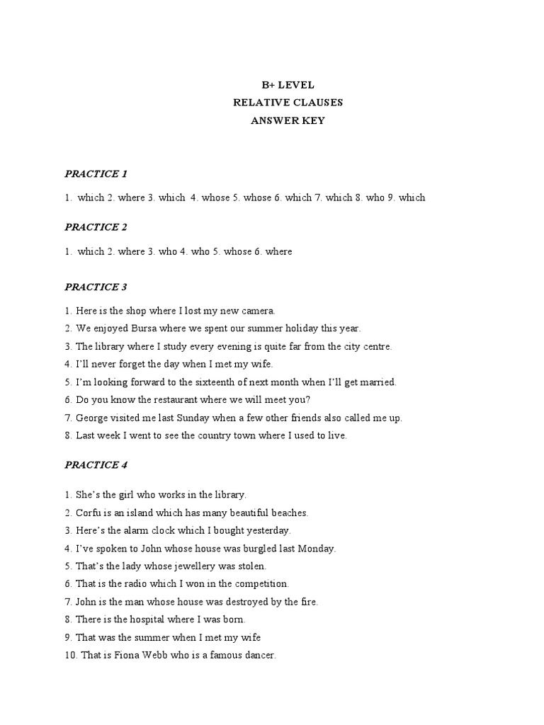 B+ Level - Relative Clauses KEY | PDF