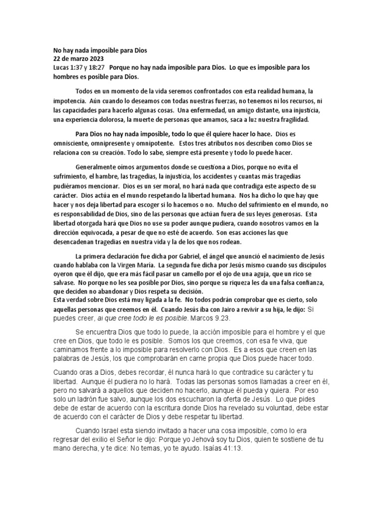 No Hay Nada Imposible para Dios | PDF | Dios | Jesús