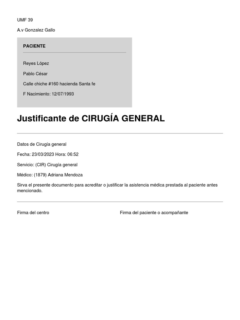 Justificante de Cirugía General 2023 | PDF