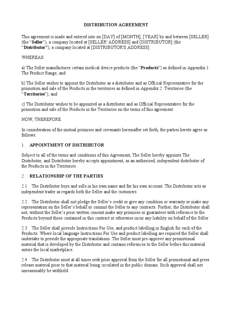 Distribution Agreement For Medical Devices | PDF | Trademark | Payments