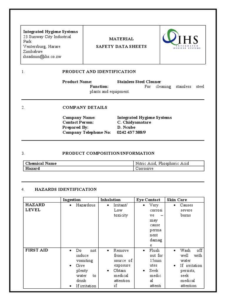Stainless Steel Cleaner MSDS PDF Water Personal Protective Equipment