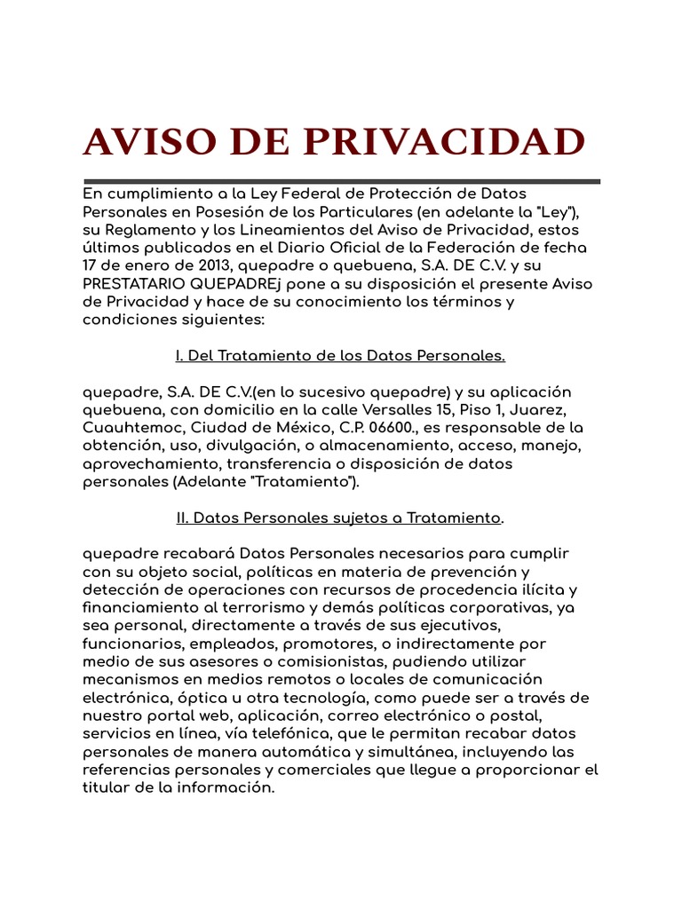 Aviso de Privacidad detalla los tipos de datos personales recopilados y ...