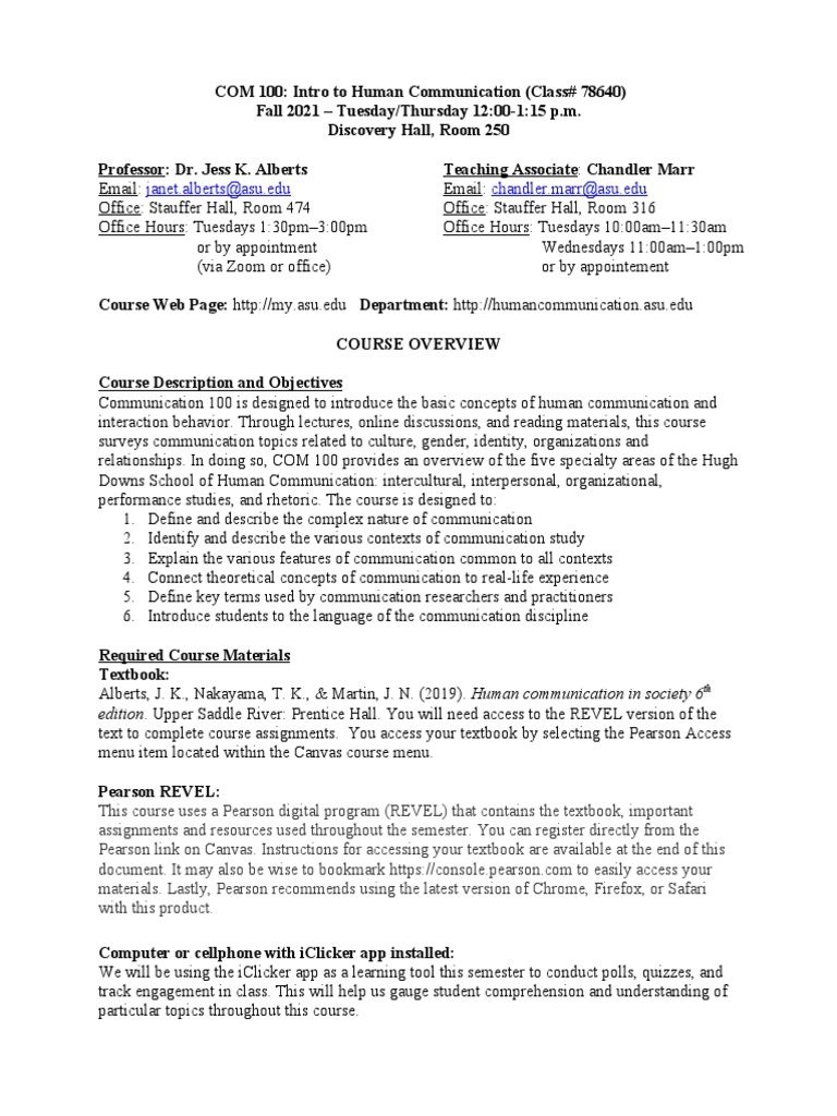 COM 100 Syllabus (Fall 2021) - Final | PDF | Communication | Title Ix