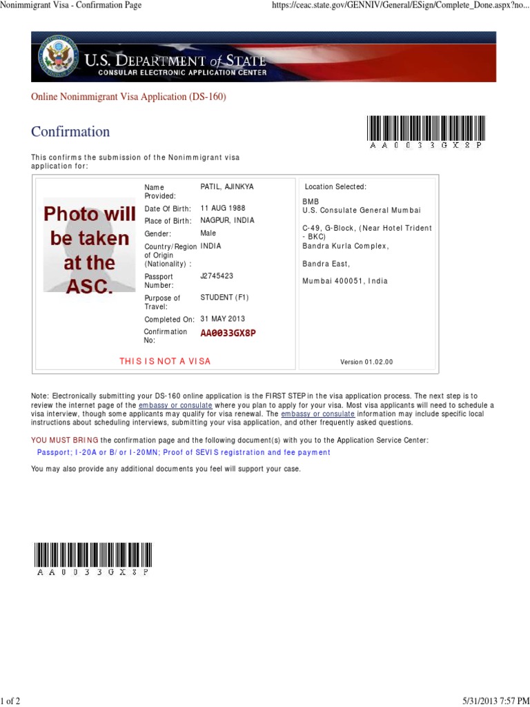 DS-160 Confirmation for F1 Visa Application | PDF | Travel Visa | Perjury