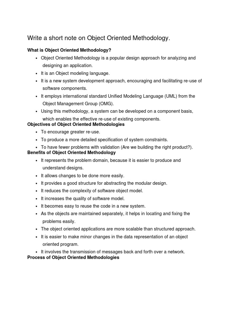 Write a short note on object oriented methodology pdf object